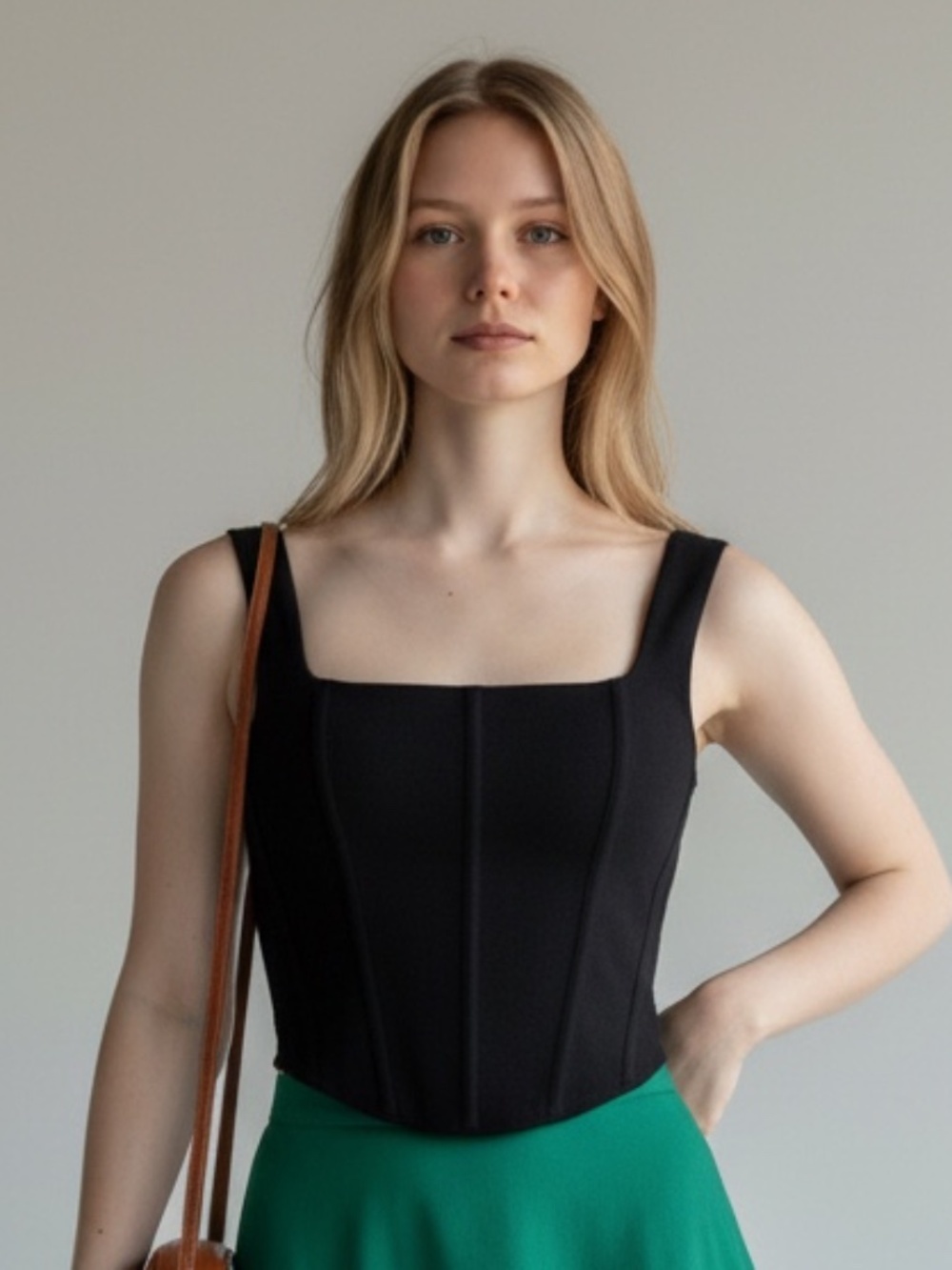 ZARA Black Corset Style Knit Top Bustier Tank Ribbed Cropped Paneled Size Large